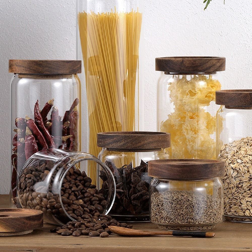 Food Storage Glass Round - 多用途木製蓋付きガラス食品保存瓶 コーヒー豆用透明密閉容器 厚みのある丸型茶葉保存容器 砂糖入れ