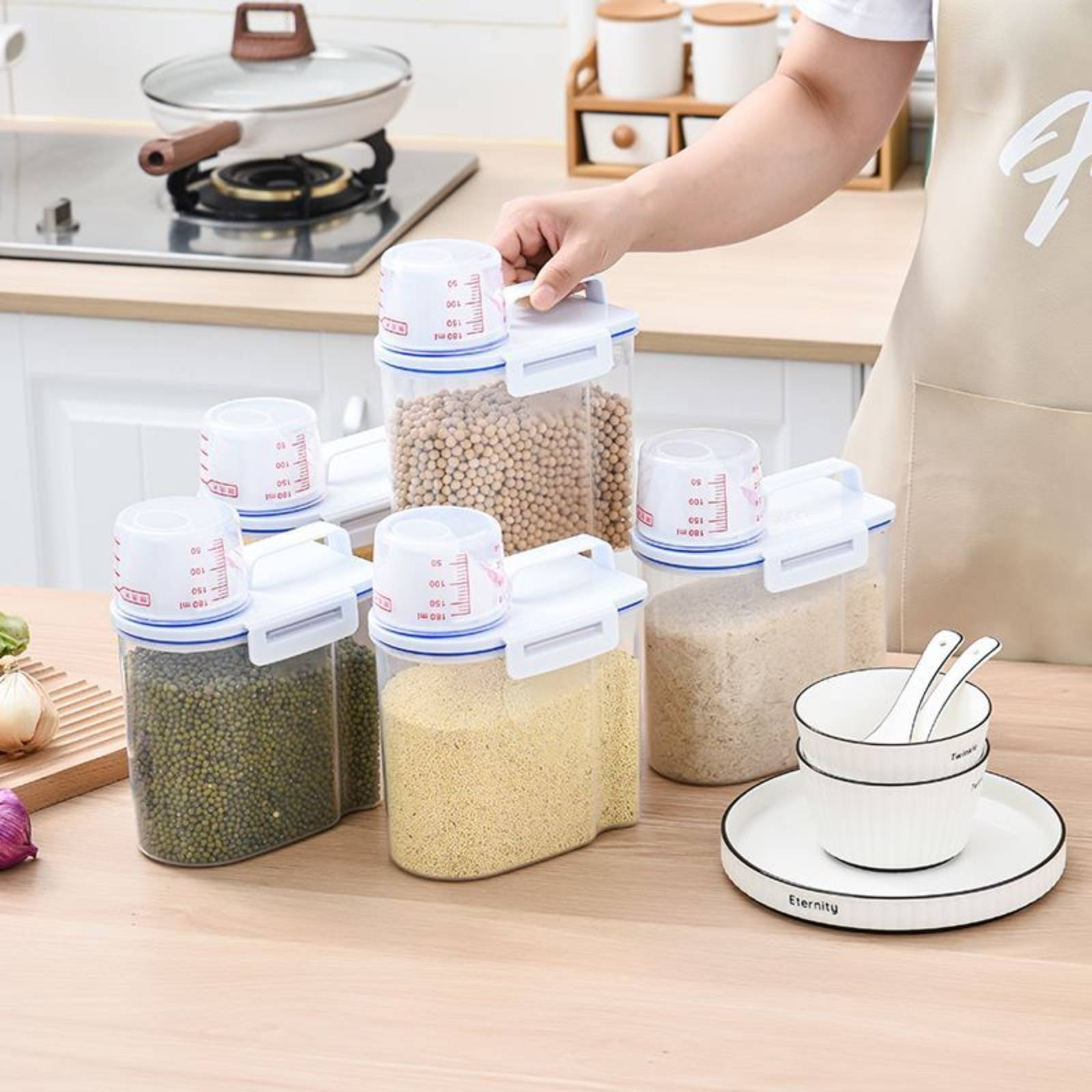Food Storage Dispenser - 米収納容器 安全な米ディスペンサー 計量機能付き ドライフードディスペンサー 簡単注ぎ口 パントリーオーガナイザー