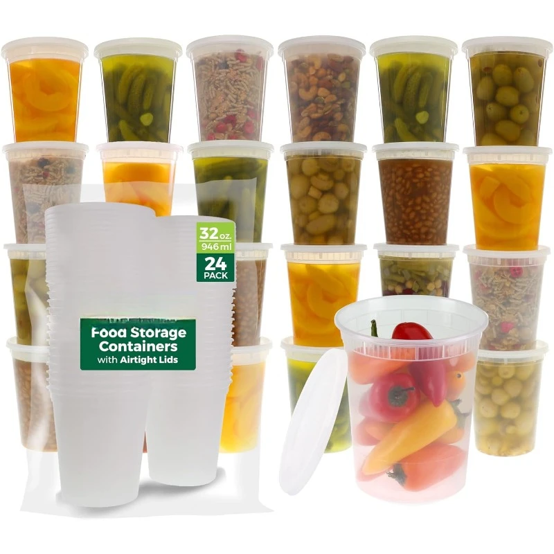 Food Storage Ideas - ふた付きプラスチックデリ容器、スライム、スープ、食事準備容器、電子レンジ食器洗い機、冷凍庫金庫、24セット、8オンス-32オンス