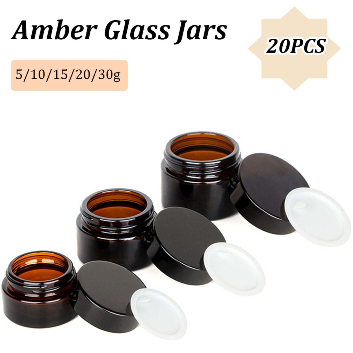 Food Storage Glass Round - 20 個の小さな琥珀色のガラス瓶、黒い蓋付き 5/10/15/20/30 グラムの空の丸い瓶、クリームローションキャンドルパウダー用のインナーライナー付き