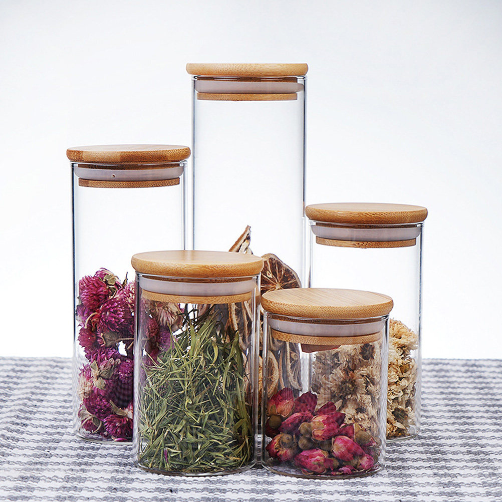 Food Storage Glass Round - 1800mlガラス保存容器 透明な丸型容器 竹製蓋 多目的食品保存容器 お茶、コーヒー、スパイス、キャンディー、穀物、ナッツ用