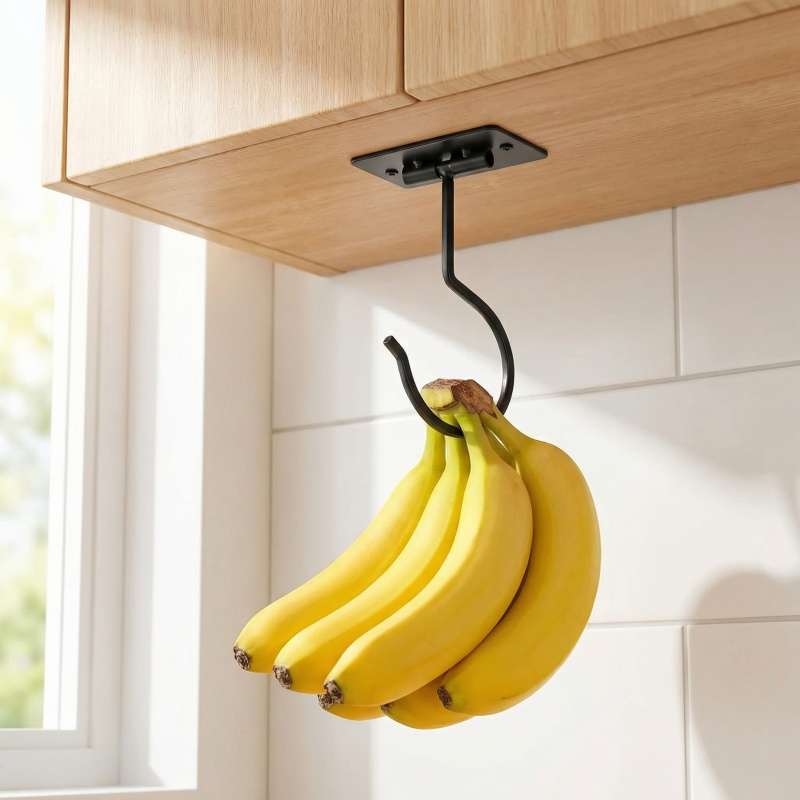 Food Storage Organizer - ブラックメタル製粘着式バナナフック折りたたみ式収納ラック省スペースキッチンキャビネット食品オーガナイザー1～2個