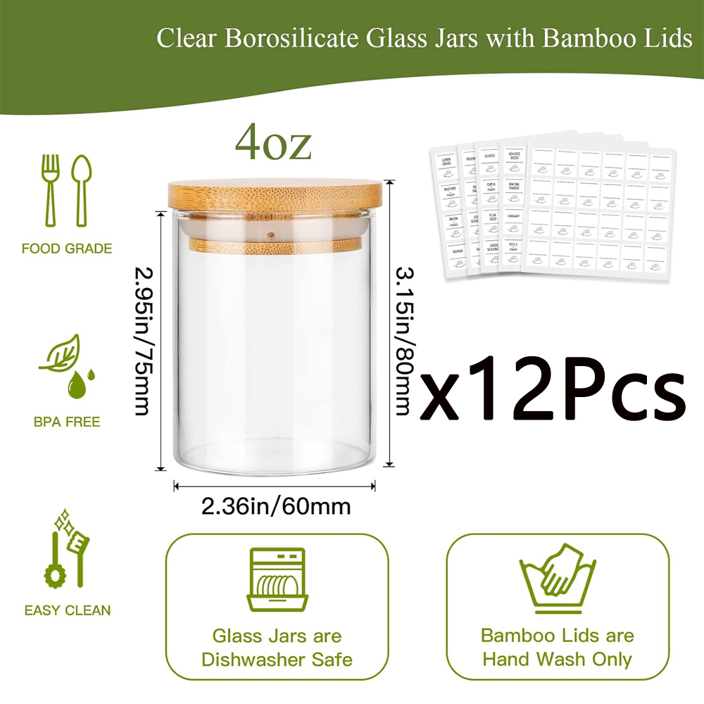 4オンス ガラススパイスジャー 竹蓋付き 透明ホウケイ酸ガラ - Food Storage Drums のレビューと価格