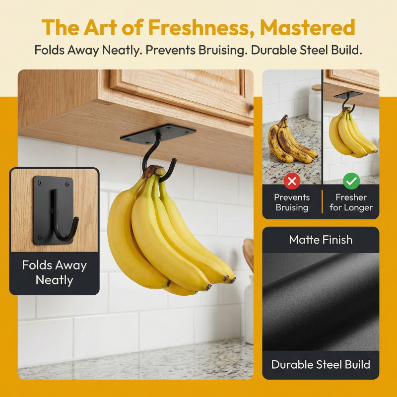 ブラックメタル製粘着式バナナフック折りたたみ式収納ラック省ス - Food Storage Organizer のレビューと価格